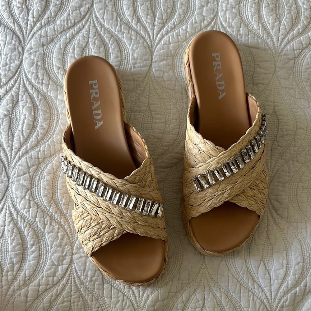 PRADA Raffia Bejeweled Platform Sandals